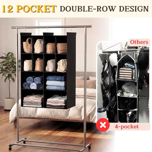 Ofiray-home 4 Tier Hanging Closet Organizer, 12 Compartments Sweater Organizer for Closet with 3 Sturdy Hooks, Closet Organizers and Storage, Wardrobe, Rv, Garment Rack, Black - color: Black, size: 4-Tier