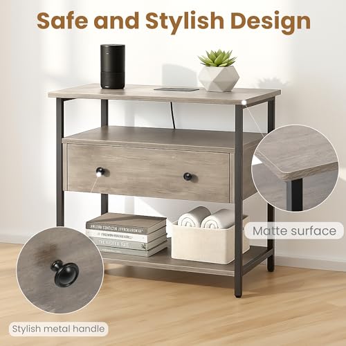 Edbuosy 27 Inch Wide Night Stand with Charging Station, Wood Nightstand with Open Shelf, Large Drawer Bedside Table for Living Room/Bedroom/Office (Rustic Gray) - color: Rustic Gray, size: 1 Drawer
