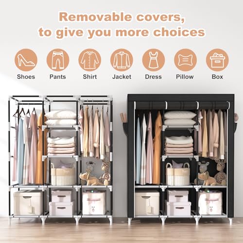 VTRIN Portable Closet, Large Capacity Portable Wardrobe with 2 Hanging Rods and 8 Storage Shelves, Sturdy Free Standing Closet Wardrobe for Hanging Clothes with Side Pockets, Black - color: Black, size: 3 Row - 49'' Wide