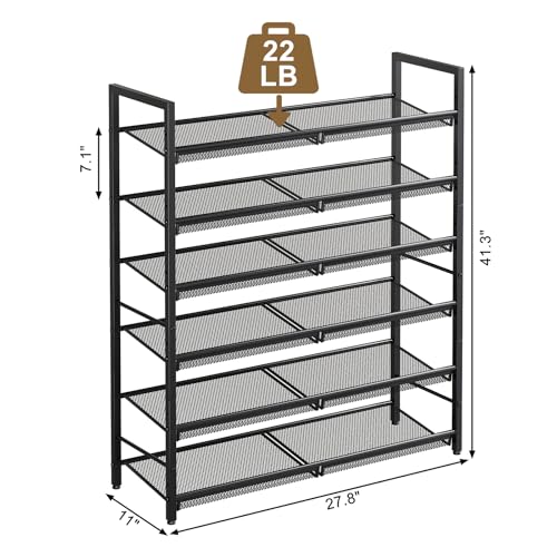 6 Tier Metal Shoe Rack, Tall Shoe Organizer Holds 24-30 Pairs, with Adjustable Flat or Angled Shelves, Shoe Storage Shelf for Closet, Entryway, Garage, Black - size: 6-Tier