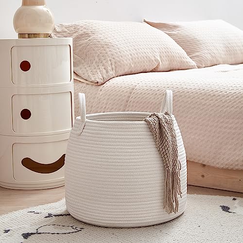R RUNKA Nursery Laundry Basket | Kids Hamper for Blankets, Pillows,Toys (15"x 13")| Baby Toy Basket | Nursery Storage for Boho Room Decor | Ideal Gift for Baby Showers| White