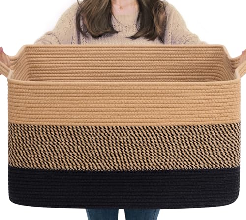 Goodpick Large Blanket Basket 22" x 17" x 12" Wicker Laundry Baskets for Organizing, Decorative Woven Rope Basket for Living Room Bedroom, Rectangle Toy Storage Baskets for Kids - color: Gradient Black, size: 22"L x 17"W x 12"H