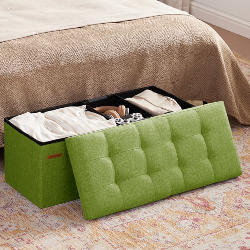 HAUSFRAU 31.5 Inches Ottoman with Storage Bench, Folding Ottoman Bench Small Foot Rest Stool, Bedroom Bench with Flipping Lid, Linen Avocado - color: Avocado, size: 13"D x 31.5"W x 13"H