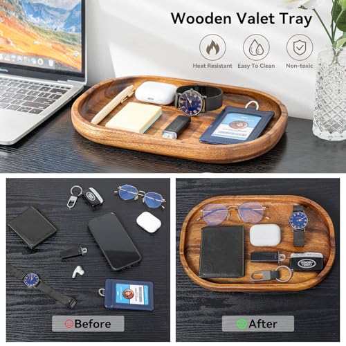 Acacia Oval Wooden Valet Tray for Men Women, Acacia Wood Serving Tray Key Dump Bedside Nightstand Dresser Organizer EDC Catch All Decorative Wooden Tray for Phone Wallet Keys Jewelry (12 x 7.9 Inch)
