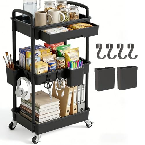 3 Tier Rolling Utility Cart with Drawer, Plastic Storage Organizer Rolling Carts with Wheels Handles Hanging Cups Hooks for Office, Bathroom, Kitchen,Craft Art Room (Black) - color: Black, size: 3-Tier