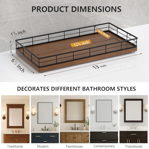 Toilet Paper Basket Organizer – Oak Wood Toilet Tank Tray with Metal Frame, Bathroom Counter Top Storage for Toilet Paper, Wipes & Decor, Modern Narrow Back of Tank Shelf Organizer, Black & Brown - color: Black & Brown, size: 13" x 6.5" x 2"