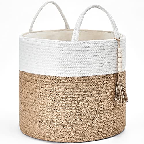 Mkono Woven Storage Basket Decorative Natural Rope Basket Wooden Bead Decoration for Blankets,Toys,Clothes,Shoes,Plant Organizer Bin with Handles Living Room Home, 16" Wx13.8 L, Cream White and Brown - color: Cream White and Brown, size: 16" W × 13.8"L