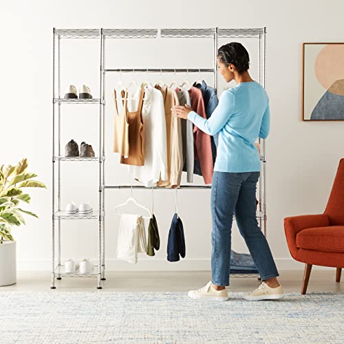 Amazon Basics Expandable Adjustable Metal Closet Organizer with Hanging Rod, Clothes Rack, Shelves, 57-80 x 14 x 72 inches (LxWxH), Chrome