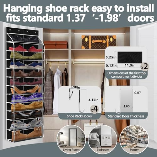 PAULONE 12 Pocket Over the Door Shoe Organizer,Reusable Breathable Large Mesh Bag Men's & Women's Sneaker Organizer,Shoe Organizer for Kids,Hanging Shoe Storage Hanging Bag (Black) - color: 12th Floor Black