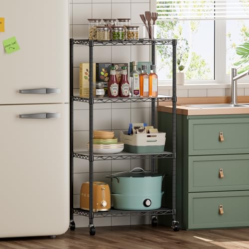SINGAYE 4 Shelf Storage Wire Shelves Closet Bathroom Organizers Metal Pantry Kitchen Garage Shelving Unit Laundry Room Organization Home Narrow Rack Net Basket with Wheels Black - color: Black, size: 4Tier/14"D X 24"W X 49"H