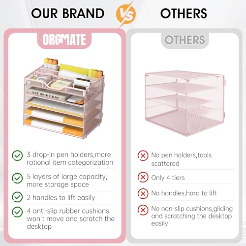 5 Tier Paper Letter Tray with 3 Drop-in Pen Holders, Mesh Desk File Organizer with Handle, Desk Organizers and Accessories for School,Home, Office Supplies Storage-Pink - color: 5 Tier-Pink, size: 12.5" x 9.1" x 10.3"