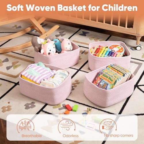 OIAHOMY 4 Pack 14.17 * 11.02 * 6.3IN Storage Baskets for Organizing Shelves, Woven Rope Baskets for Organizing Books, Clothes, Decorative Basket for Living Room, Nursery, Bedroom, Gift Basket, Pink - color: Pink