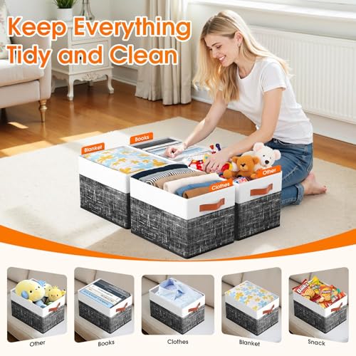Fab totes Collapsible Storage Baskets for Shelves,14"x10", 6 Pack Foldable Fabric Storage Bins with Double Leather Handles, Large Baskets for Organizing Books, Clothes, White & Black - color: Black, size: 6pack