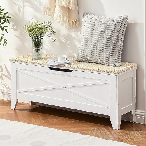 VECELO 43.3" Storage Bench, Entryway Shoe Ottoman, Farmhouse Style Bench with Handwoven Cushion and Metal Safety Hinges, for Bedroom, Living Room, Entryway, White - color: White, size: 43.3"W