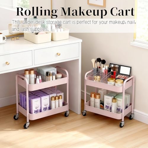 2 Tier Pink Rolling Cart with Wheels for Under Desk Storage, Large Capacity Rolling Pantry & Kitchen Storage Cart for Small Space, Sturdy Metal Bathroom Shelf Laundry Room Organization - color: Pink, size: 2-tier