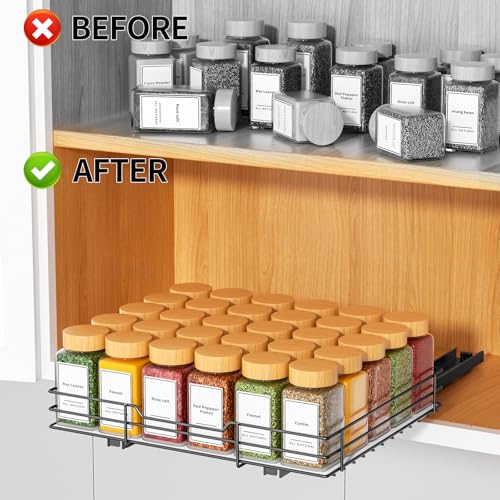 RCHYFEED Pull Out Spice Rack Organizer for Cabinet,Slide out Spice Organization for Inside Cabinets,Heavy Duty Seasoning Organizer Fits Kitchen and Pantry,Sauces,Canned (12.5''Wx10.5''Dx2.5''H) - size: 1 Tier-12.5''Wx10.5''Dx2.5''H