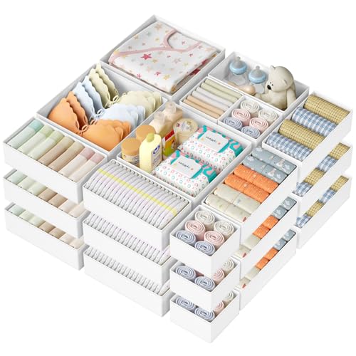 DIMJ Drawer Organizer Clothes 24 Pack - Foldable Baby Organizers and Storage & Dresser Organizer for Bedroom, Closet - Nursery Organization Dresser Dividers for underwear, Sock,Bra, Belt, Tie, White - color: White, size: 24 Pack
