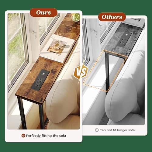 SUPERJARE 106.3 Inch Sofa Table with Power Outlets and USB-C Ports, 5.9 Inch Narrow Console Tables, Entryway Hallway Couch Tables with Storage, Behind Sofa, Small Spaces, Living Room, Rustic Brown - color: Rustic Brown, size: 5.9''D x 106.3''W x 29.7''H