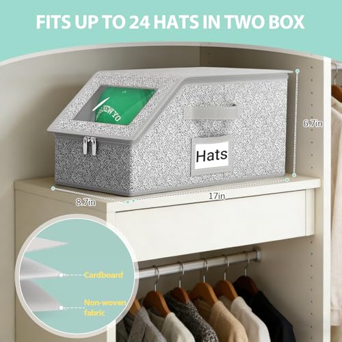 2 PCS Stackable Hat Organizer for Baseball Caps, Clear Window Dustproof Storage Boxes with Cardboard, Holds Up to 30 Caps, Sturdy Closet Hat Storage for Men & Women (Grey)