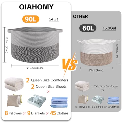 OIAHOMY 90L XXXLarge Blanket Basket for Living Room, 21.7" x 13.8" Woven Cotton Rope Laundry Basket for Organizing Pillows, Decorative Stuffed Animal Toy Storage for Nursery, Lighe Grey and Dark Grey - color: Light Grey and Dark Grey, size: 21.7"D x 13.8"