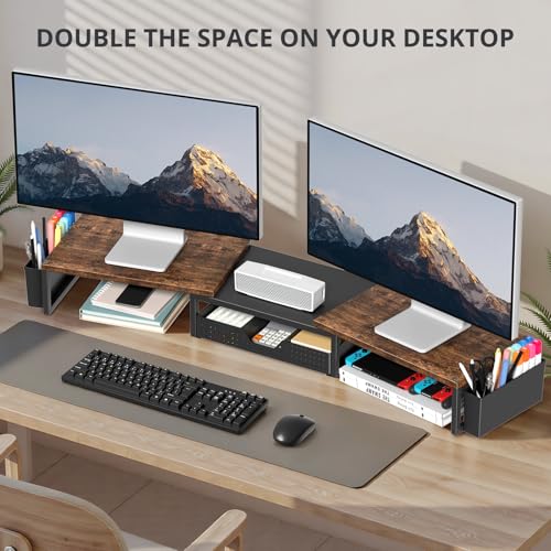 OPNICE Desk Organizers and Accessories, Dual Monitor Stand Riser with Drawer and 2 Pen Holders, Desk Shelf Wood Computer Racks for Office Workspace Organizers, Desktop Organization (Rustic Brown) - color: Rustic Brown, size: With drawer and pen holder