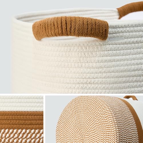 Blanket Basket - Woven Round Rope Storage Basket (16"Wx14"H) for Blankets & Throws, Small Laundry & Toy Organizer, Decorative Living Room & Bedroom Cotton Basket - White & Jute Mixed - color: White & Jute Mixed, size: Regular-16"Wx14"H