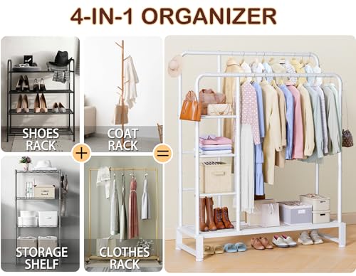 Double Rods Clothes Rack Clothing Rack with 4 Tier Storage Shelves Clothes Rack for Hanging Clothes Multifunctional Heavy Duty Clothes Organizer with Hooks for Bedroom,Wardrobe Closet,Shop,White - color: White