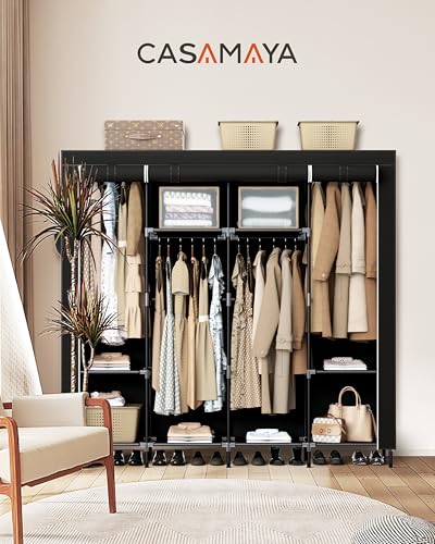 CASAMAYA Portable Closet, 66.9 Inch Large Capacity Wardrobe Closet with Cover, Clothes Storage Organizer with Shelves and 4 Hanging Rods, Easy to Assembly, Black PCT204B01 - size: 66.9"L x 17.7"W x 70.9"H