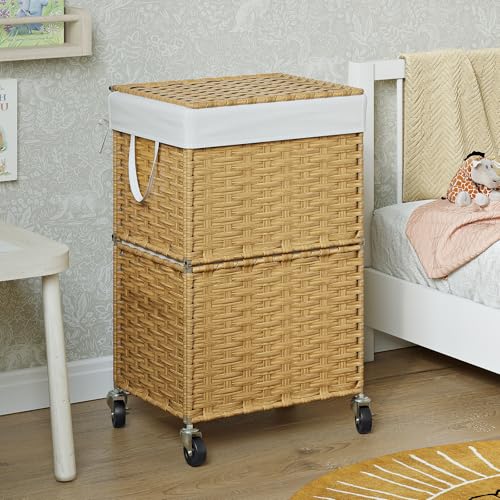 Chrislley 90L Slim Laundry Hamper with Wheels, Rolling Laundry Basket with Lid and Renovable Liner Bag, Handwoven Rattan Organizer for bedroom, bathroom, laundry room (Yellow) - color: Yellow