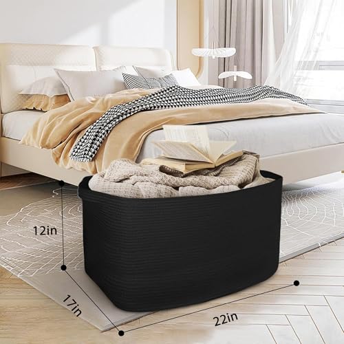 Extra Large Black Basket, 22" X 17" X 12" Rectangle Woven Bin for Storage, Soft Cotton Rope Kids Room Toy Box Bins, Big Wicker Basket Organizer for Blankets, Pillows, Laundry - color: Black