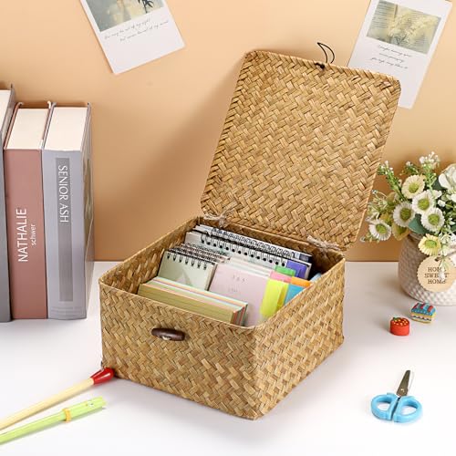 Hipiwe Wicker Shelf Basket Bin with Lid Square Handwoven Seagrass Box Decorative Household Storage Container Multipurpose Organize for Bookshelf Living Room Bathroom, Small Caramel - color: Caramel, size: Small