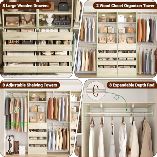 Aheaplus Closet System with Drawers Set of 2, Wood Closet Organizer System with 8 Hanging Rods & Top Shelves, Walk-in Closets Organizer Wardrobe Clothes Rack, Cut Fits Spaces 4-9FT. Wide, White Oak - color: White Oak-2Sets