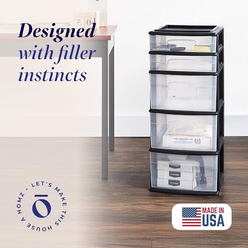 HOMZ Drawer Tower, 5-Tier Clear Plastic Storage Organizer Unit, Black Frame - Multi-Purpose Container Drawers for Home, Bathroom, and Office Organization - color: Black