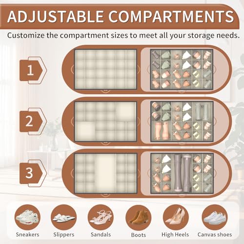 Foyego Shoe Organizer for Closet, Shoe Storage Organizer with Wheels and Adjustable Dividers, Stackable Shoe Storage Box with Clear Cover, Closet Shoe Organizer Fits up to 24-48 Pairs, Gray and Beige - color: Gray and Beige, size: 25 ½"L x 17"W x 12 ½"H