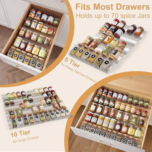 10-Pack Adjustable Spice Drawer Organizer, Expandable Seasoning Rack Tray (13" to 26"), Acrylic Insert with Anti-Slip Mat for Kitchen Cabinet (Jars Not Included) - size: 10-Pack