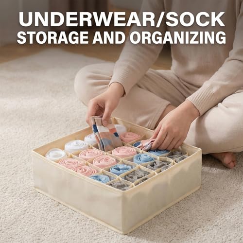 Beige 24 Grid 3 Pack Foldable Underwear Sock Storage Organizer, Non-Woven Fabric Closet Drawer Divider Bins for Socks, Ties, Baby Clothes, Dresser & Wardrobe Organization Boxes (Beige 3 Pack) - color: Beige 3 Pack
