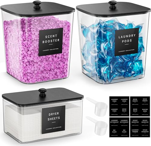 Moforoco 3 Pack Laundry Pods Container, Clear Laundry Room Organization Containers,Large Detergent Powder Storage, Black Wooden Lids & Labels, Acrylic Pods Holder - color: Black, size: 3 pack
