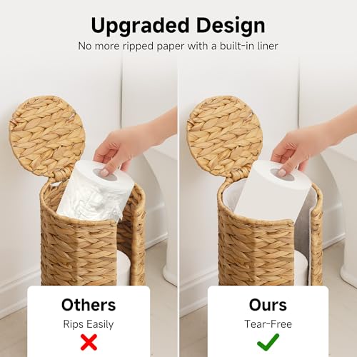 StorageWorks Water Hyacinth Free Standing Toilet Paper Holder Stand for Bathroom, 3 Rolls of Toilet Tissue Storage with a Built-in Cloth Lining, Toilet Roll Holder Stand with Lid - color: Natural（water Hyacinth）, size: 6¾"D(For 3 Roll)