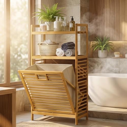 Baveke Laundry Hamper with 2-Tier Shelves & Tilt Out Basket, Laundry Baskets Organizer Hampers Bathroom Storage Shelf for Laundry Room, Bathroom, Nursery, Bedroom, Guest Room (FSC-Certified Bamboo) - color: Natural, size: YSJ01-2T