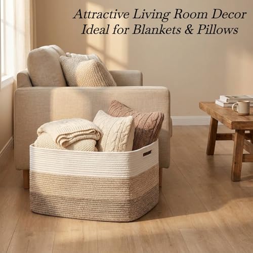 Optish 95L Blanket Basket, Large Woven Baskets for Storage, Blanket Storage for Living Room, Rope Basket with Handles for Bedroom, Nursery, Toys, Clothes, 24” x 17” x 13.5”, White & Brown - color: White & Mix Brown, size: 24" x 17" x 13.5"(95L)