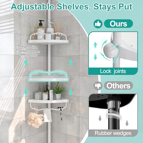 Corner Shower Caddy:125" Adjustable Inside Tension Shower Organizer Tension Pole,Rustproof Bathroom Organizer Shelves for Bathtub Shampoo Conditioner Storage,Floor to Ceiling Standing Showering Rack - color: White