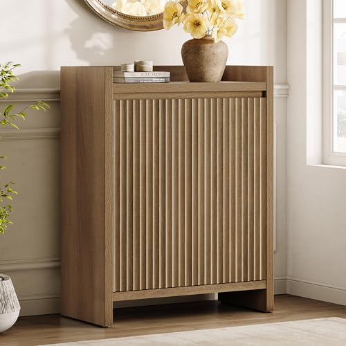 Sicotas Shoe Cabinet - Fluted Shoe Storage Cabinet with Thickened Panels for Entryway, 24-Pair Shoes Organizer with Doors & Adjustable Shelves, 6-Tier Shoe Rack Storage Cabinet for Hallway Living Room - color: Reclaimed Caramel Oak, size: 1 Piece