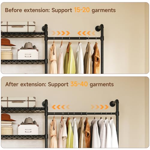 ONBRILL H3 Wall Mounted Closet System, Expandable Industrial Pipe Clothes Rack Clothing Rack for Hanging Clothes, Heavy Duty Closet Organizers and Storage in Wardrobe Closet, Black - color: Black