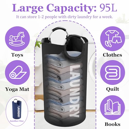 2Pcs 95L Collapsible Laundry Basket for Men, Tall Laundry Basket with Handles, Dirty Clothes Hamper in 600D Oxford Fabric, Freestanding Clothes Hampers for Bedroom, Dorm, Navy Blue + Black - color: Navy Blue + Black, size: L-95L