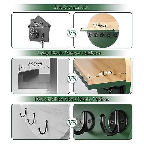 Gurfuy Key Holder for Wall with Shelf - Wood Mail Organizer and Rack with Shelf Hooks Wall Mounted for Entryway Decor Magazines Letter Storage Farmhouse Living Room Bedroom Doorway Green - color: Green