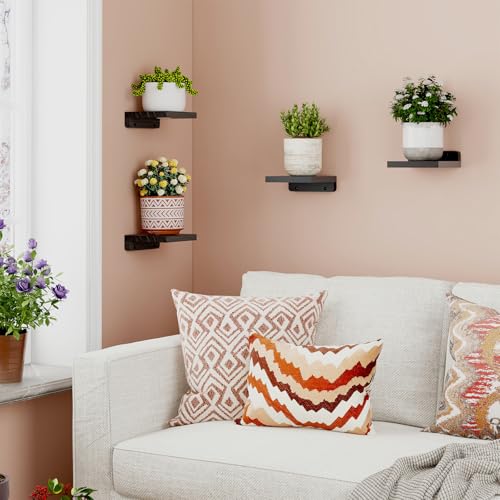 Fixwal Wall Shelves, 5x5 Inches Small Floating Shelf, Rustic Wood Wall Mounted Shelves for Bedroom, Living Room, Kitchen, Bathroom Decor (Set of 4, Black) - color: Black