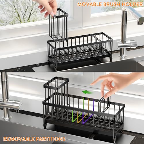 Cisily Sponge Holder for Kitchen Sink, Sink Caddy Organizer with High Brush Holder, Kitchen Countertop Organizers and Storage Essentials, Rustproof 304 Stainless Steel (Black, 10.62″) - color: Large Black