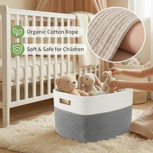 JMvicyroam Woven Blanket Basket,96L Large Storage Bin for Blankets Toys Clothes,Decorative Rope Basket for Living Room Bedroom with Handles, White&Grey - color: White&Grey, size: 96L