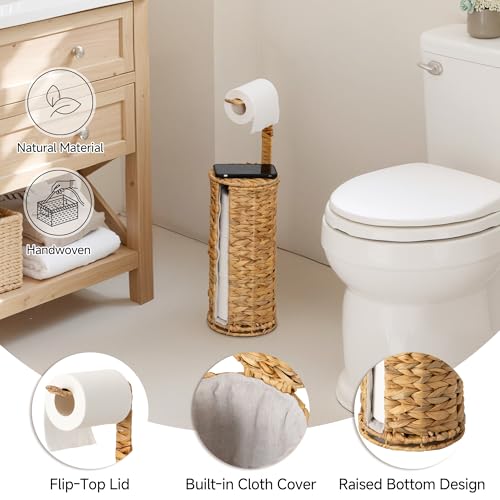StorageWorks Wicker Water Hyacinth Freestanding Toilet Paper Holder Stand with Storage, Farmhouse Covered Toilet Paper Stand for 4 Rolls with Cloth Lining, Tissue Holder for Bathroom Decor with Shelf - color: Natural（water Hyacinth）, size: 6¾"D(For 4 Roll