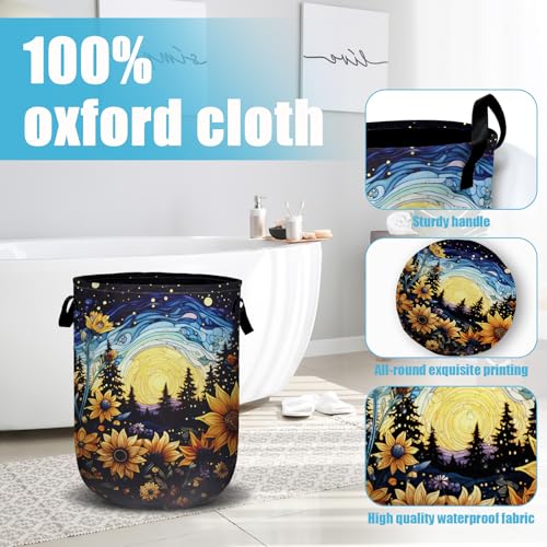 Starry Sky Sunflower Laundry Basket, Moon Flower Laundry Hamper Collapsible Oxford Cloth with Handle Clothes Toy Storage Bin for Bathroom Laundry Room Bedroom 15.7 X 20 Inch - color: Starry Sky Sunflower Moon